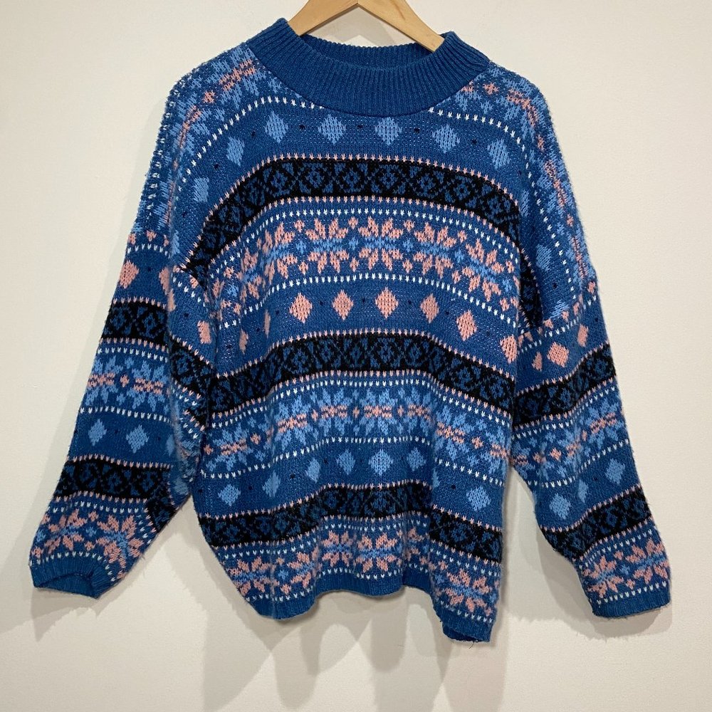 Vintage Croquet 100% Acrylic Fair Island Print Knit Sweater in Blue & Pink Large